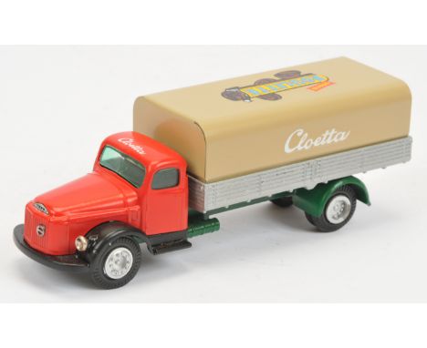 Tekno 438 Volvo Covered Wagon "Cloetta", red and black cab, green chassis , silver-gray wagon body, light brown tin tilt, con