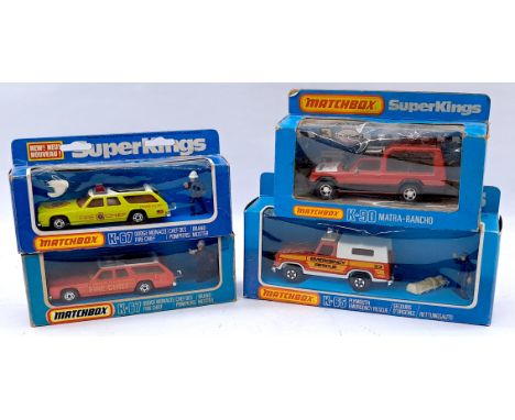 Matchbox Superkings Boxed Vehicle Group, to include K-67 Dodge Monaco Fire Chief x2, k-65 Plymouth Emergency Rescue, K-90 Mat