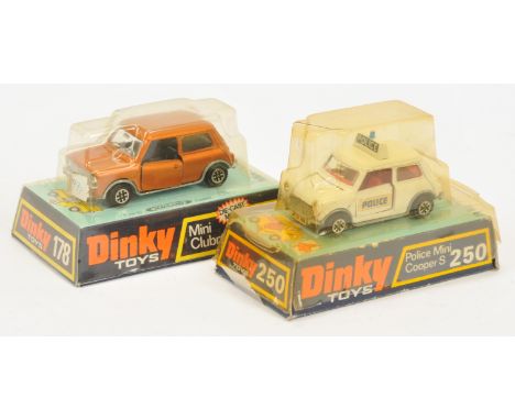 Dinky Toys Mini Pair, to include 250 "Police" Mini Cooper S, white body, red interior, roof box with blue light, Speedwheels,