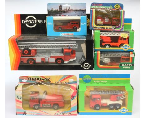 GAMA, Norev and similar, a mixed boxed group of Fire Engines to include, Gama 2604 Fire Truck, Gama Mini 912 Fire Engine, 928