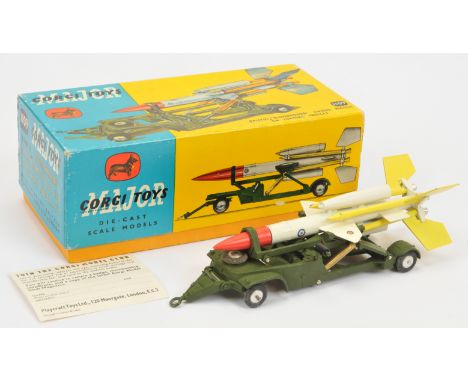 Corgi Toys 1109 Bristol "Bloodhound" Guided Missile on Loading Trolley, Green trolley with flat spun hubs, white and yellow m