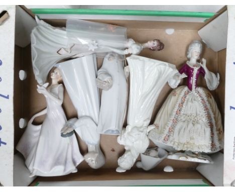 A collection of pottery lady figures to include: damaged Unter Weiss Bach figure, Lladro child figures, Royal Worcester figur