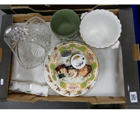A mixed collection of item to include: Royal Doulton miniature Character jugs, Spode Campanula planter, cut glass basket vase