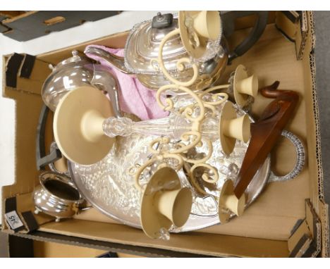 A mixed collection of items to include : Silver plated Gallery tray, similar part tea service, modern candelabra etc