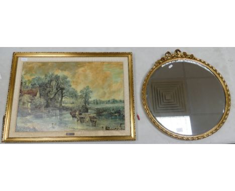 Gilded circular wall mirror: ribbon topped decoration and framed constable print. (2)