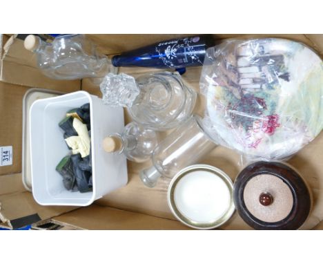 A mixed collection of items to include decorative decanters: Royal Grafton plate, resin mid Century chess set etc