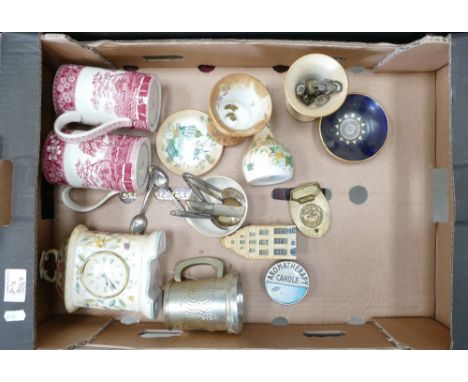 A mixed collection of items to include: Spode Commemorative tankards, Minton Haddon Hall Mantle Clock etc