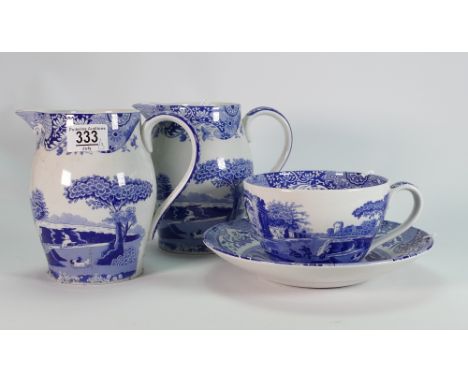 Spode Italian patterned oversized cup &amp; saucer: together with 2 similar jugs