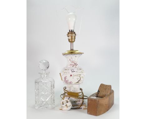 A mixed collection of items to include: ceramic lamp base, glass decanter and wooden plane(3)