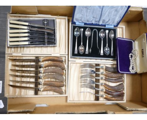 A collection of Cased Cutlery item to include: A.R. Ashby &amp; Co Horn Handled Steak Knives and Forks, EPNS spoon set etc 