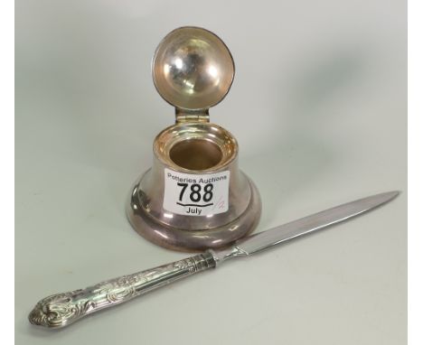 Silver inkwell in the form of a bell and Silver handled knife: (2)