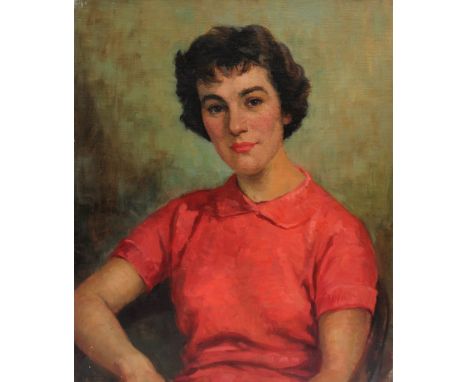 20th century British SchoolHead and shoulders portrait of a lady in a red shirtOil on canvas61 x 51cm