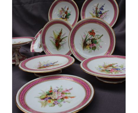 A Worcester porcelain dessert set, comprising a large tazza, two low tazza and six plates each painted with sprays of garden 