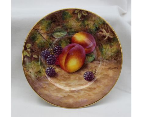 A Royal Worcester porcelain side plate painted with peaches and blackberries to a naturalistic ground, signed by Freeman, bla