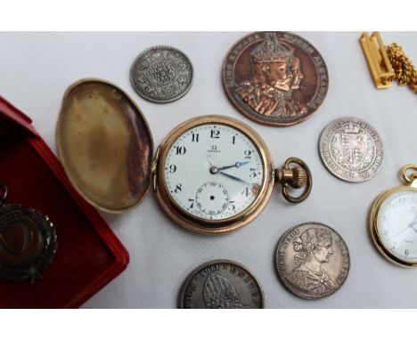 A gold plated Omega keyless wound full hunter pocket watch, the enamel dial with Arabic numerals and a seconds subsidiary dia