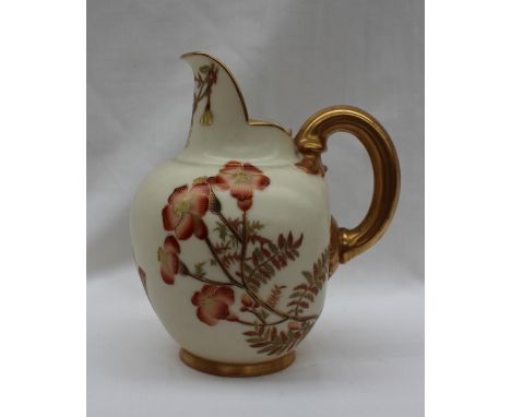 A Worcester porcelain flat back jug, transfer and infil decorated with flowers and leaves, puce mark, No.1094 Rd.No. 29115, 1