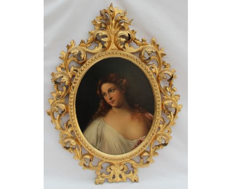 19th Century Continental SchoolHead and shoulders portrait of a young ladyOil on canvas in a florid gild frame30.5 x 24.5cmLa
