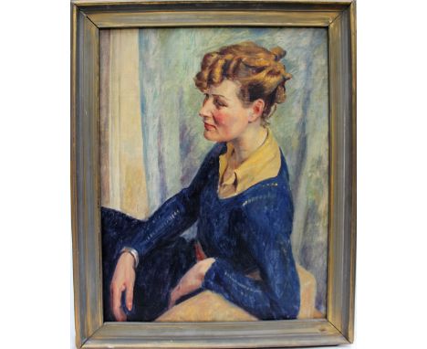 20th century British SchoolHead and shoulders portrait of a lady in a yellow blouse and a blue jumperOil on canvas64 x 49.5cm