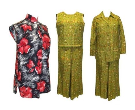 Ladies Vintage Green Cotton Oriental Print Trouser Suit &amp; Cole of California Poppy Print Jacket (2) 