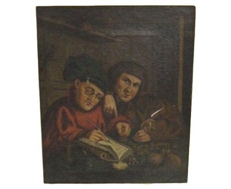 C19th Dutch Oil on Canvas Gentleman wearing green hat making entries in book &amp; counting money with companion figure weari