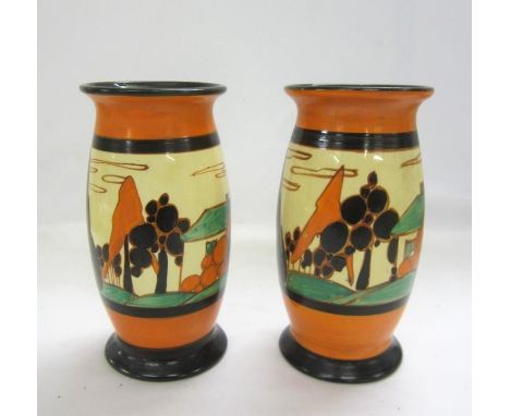 Pair Clarice Cliff Fantasque Wilkinson Baluster Shaped Vases, black banded feet with orange band, decorated with black trees 
