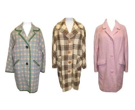 Ladies Vintage Coats: London Maid Pink Wool, Brown/Cream Woven Wool Coat (un-hemmed) &amp; Blue/Green Tapestry Style (3) 