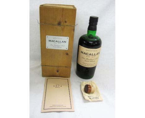 Bottle Macallan 1874 Malt Scotch Whisky with reproduction bottle in wooden box, cork &amp; booklet 