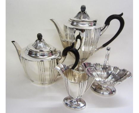 Silver 4 Piece Tea &amp; Coffee Service, oval footed base with part vertical fluted bodies each mounted with pineapple finial