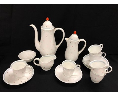 Susie Cooper Bone China Coffee Set decorated with red polka dot pattern incl. coffee pot, hot milk jug, milk jug, sugar bowl,