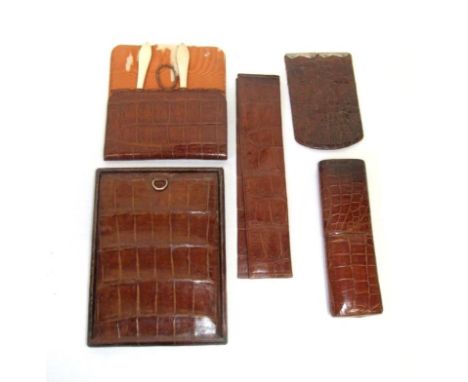 Mens Vintage Crocodile Skin Manicure Case, Glasses Case, Comb Holder &amp; Mirror Case &amp; Alligator? Skin Pochette with ha