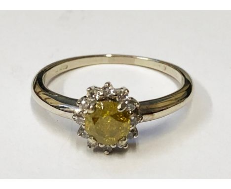 18ct. White Gold Floral Cluster Ring set central Yellow Diamond with White Diamond Surround, size M 