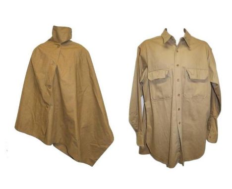 WWI Rubberised Army Sentry Cape stamped BMC 1945 with War Department arrow  JA1301 &amp; Khaki Army? Shirt stamped 17-35 (2) 