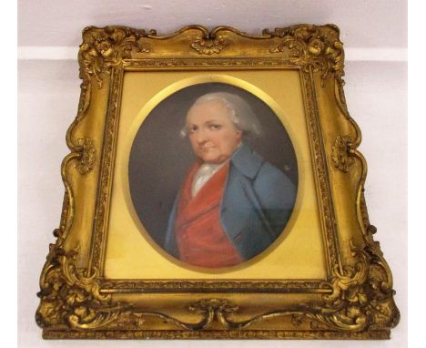Late C18th/Early C19th Oval Portrait Gentleman wearing blue jacket with red waistcoat, in swept gilt frame with brass plaque 