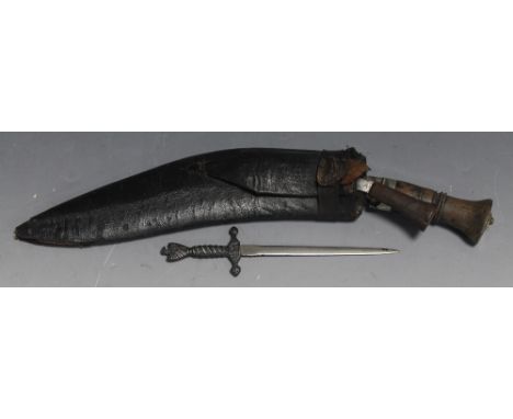 A VINTAGE KUKRI SCABBARD AND SHARPENING BLADE, possibly Indian, together with a metal letter opener modelled as a broadsword.