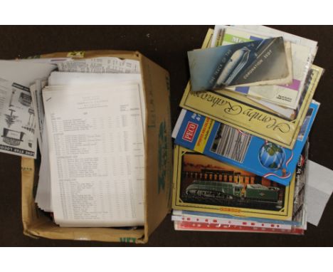A BOX OF VARIOUS CATALOGUES, TRACK PLANS, BROCHURES ETC, by Peco, Trix, Playcraft, Faller, Lima, Graham Farish, Jouef, Hornby