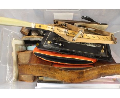 A BOX OF VARIOUS ITEMS, to include a barometer, ebony roller ruler, photographs, tea and cigarette cards, a Spalding - Ardmor