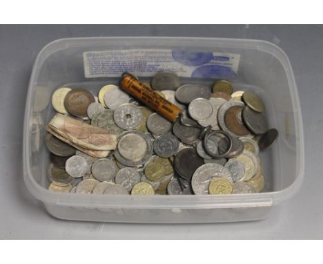 A COLLECTION OF VARIOUS BRITISH AND FOREIGN COINS AND NOTES, a World War Two military issue biscuit tin (1944), and a horn ha