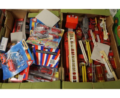 TWO BOXES OF FIRE ENGINE RELATED TOYS, to include Matchbox, Solido, Dinky, Corgi, etc. 