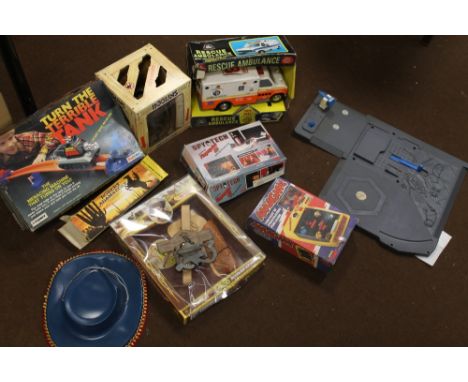 A QUANTITY OF ASSORTED VINTAGE CHILDREN'S TOYS, to include a boxed 'Bogglin', a boxed 'Turn the Terrible Tank', a boxed 'Aaaa