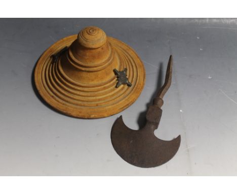 AN INDIAN BATTLE AXE HEAD, crescent shape blade backed with an armour piercing spike, along with a small turned wood shield w