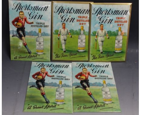 FIVE PICTORIAL SPORTSMAN GIN ADVERTISING SHOW CARDS, two titled 'The Finer Spirit' depicting a Cricketer, three titled 'A Gre