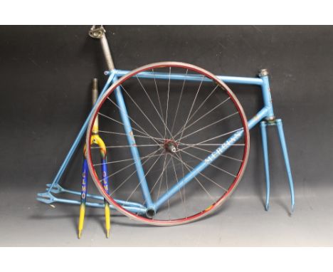 A LIGHT BLUE MERCIAN ROAD BIKE FRAME, together with a bike rim and a front fork.