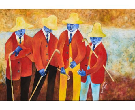 STEPHEN GWOKTCHO (UGANDAN B.1962) THE ELDERSsigned and dated GWOKTCHO S. / 7/09/02 lower rightacrylic on bark cloth50 x 72.5c
