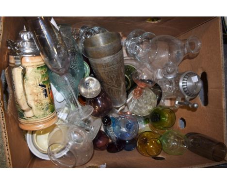 A quantity of drinking vessels and china to include a pair of Indian brass beakers; a decanter; a quantity of coloured glass 