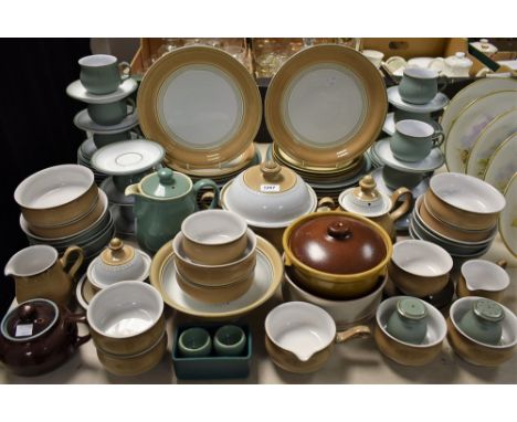 Denby - a  Castille pattern part dinner and tea set, glazed in sandy brown and white, including lidded vegetable dish, teapot