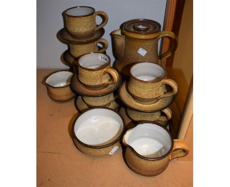 A Les Cole, Long Eaton studio pottery coffee set for six comprising coffee pot, cream jug, milk jug, sugar bowl, cups and sau