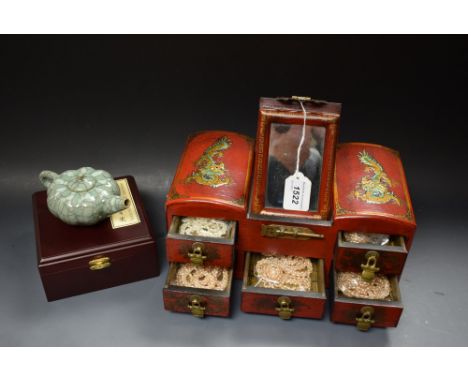 Jewellery - a Japanese lacquered jewellery box, dragon panel decoration, red body, containing simulated pearls etc;  an expor