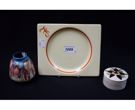 A Moorcroft collectors club limited edition vase, 17/50; a Moorcroft pin jar; a Clarice Cliff Biarritz rectangular plate (3)