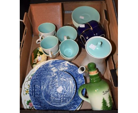 Ceramics - a Poole Pottery coffee set, green mottled glaze interior, a blue and white Wedgwood Dickens Coaching Days; a Motto