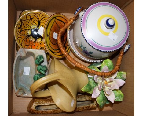 A Poole Pottery biscuit barrel; a similar bowl; a Denby ashtray with three green rabbits; a Poole Aegean rounded rectangular 